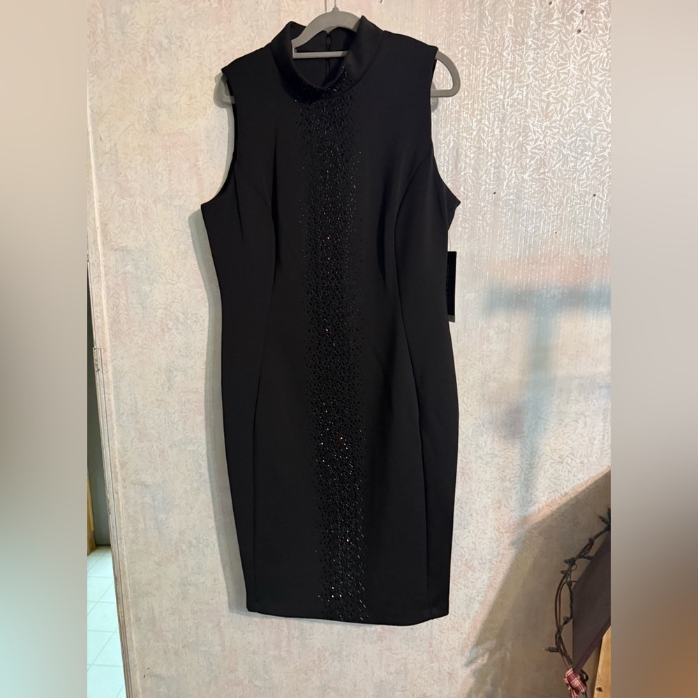 Andrew Marc Black Sleeveless Midi Sheath Dress with Center Embellishment, Sz 14